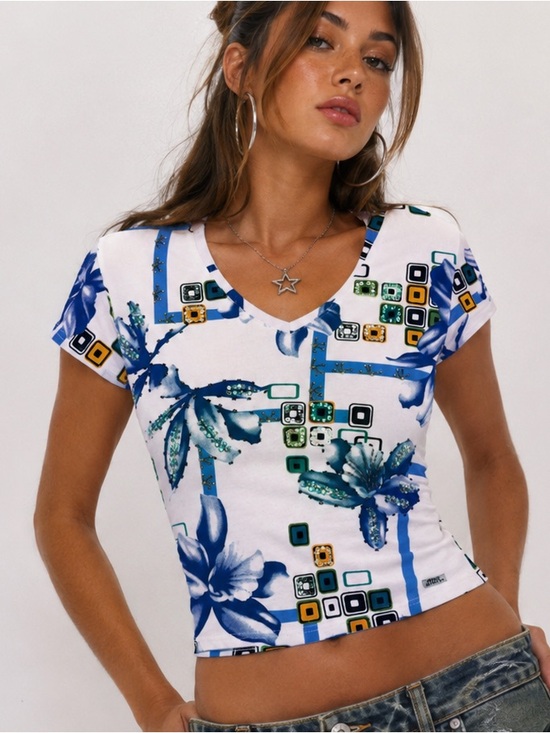 Miss Sixty Tops - MISS SIXTY Vintage Beaded Embellished Floral T-Shirt (Size L)